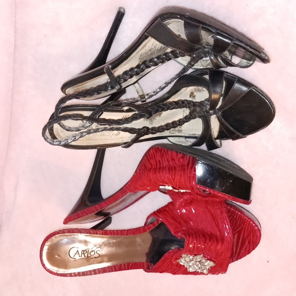Carlos Santana strappy heels and platform slides.
